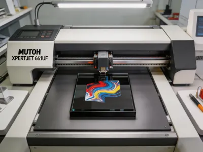Mutoh XpertJet UV flatbed printer printing on acrylic award