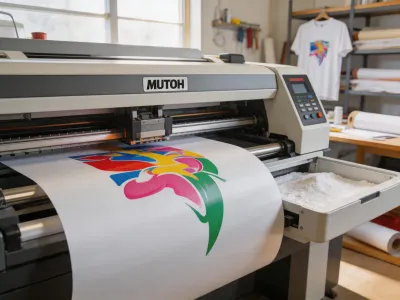 Mutoh DTF film printer printing full-color graphic on transfer film