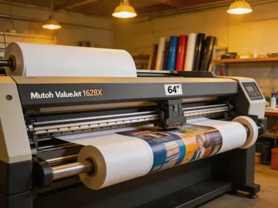 Mutoh ValueJet wide-format eco-solvent printer running vinyl banner