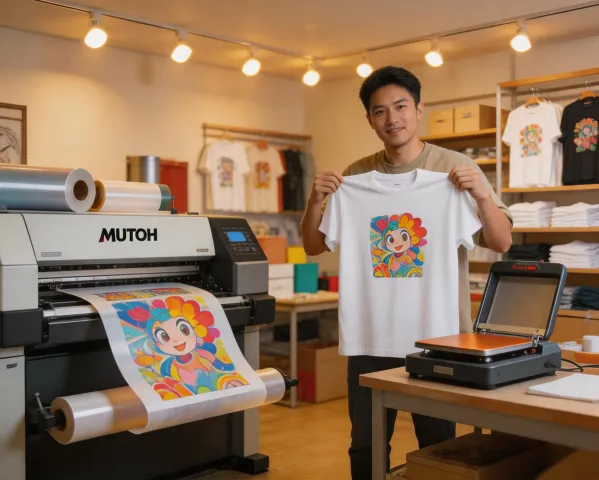 Apparel shop using Mutoh DTF printer with heat press