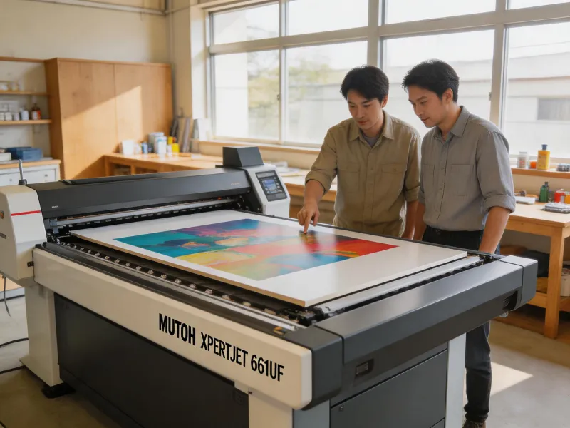 Mutoh XpertJet 661UF UV flatbed printer on shop floor